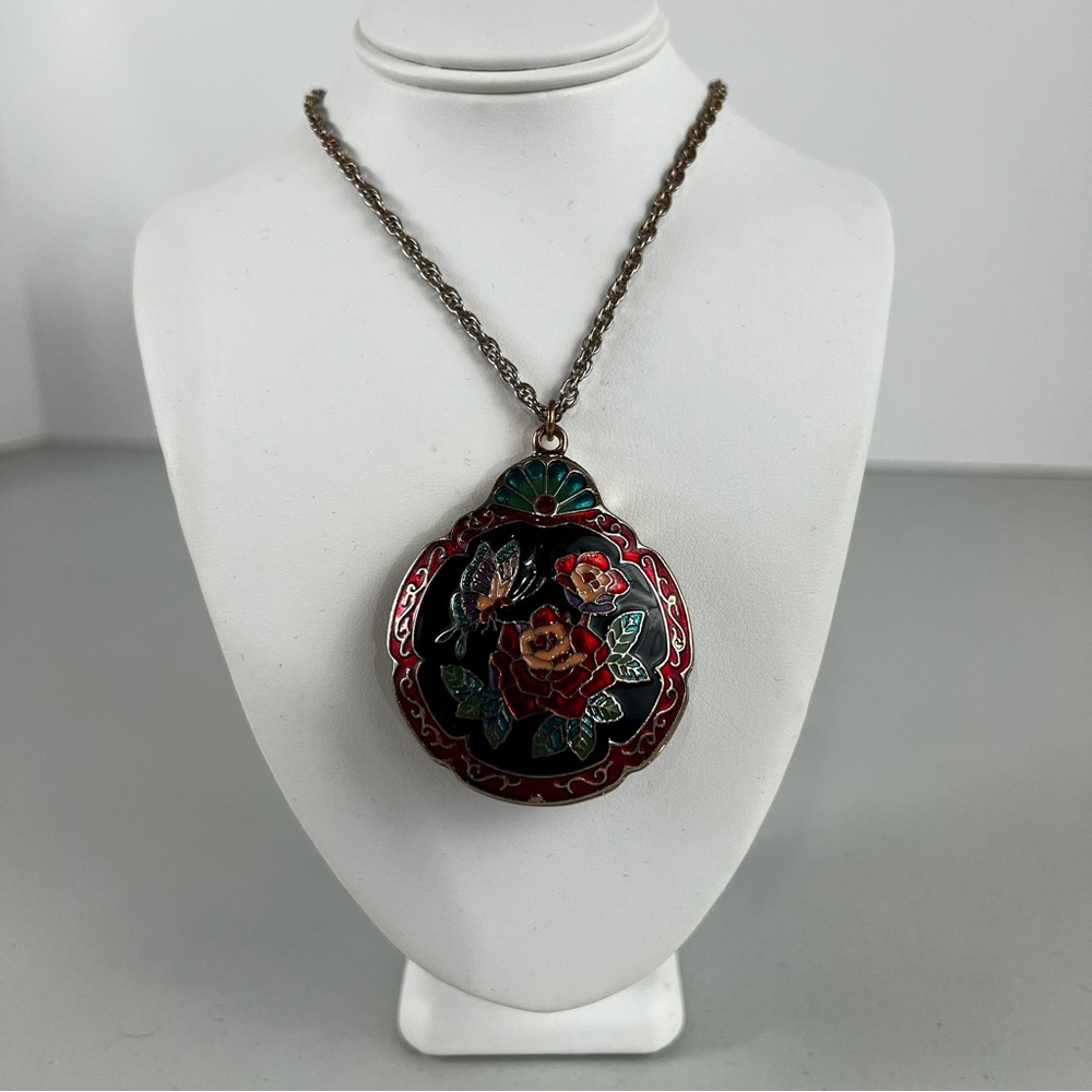 Vintage Cloisonné Locket Necklace Two Sided Flower And Butterfly Pendant